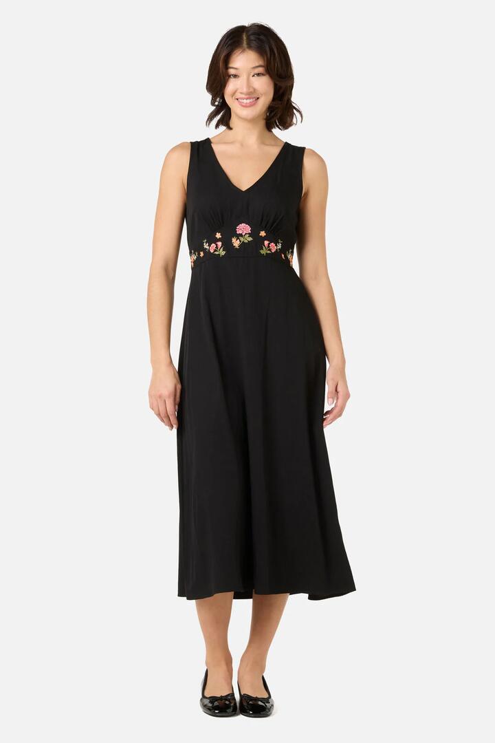 Image of Dresses. Product name - Winona Flower Embroidered Midi Dress in Black colour by brand - Princess Highway