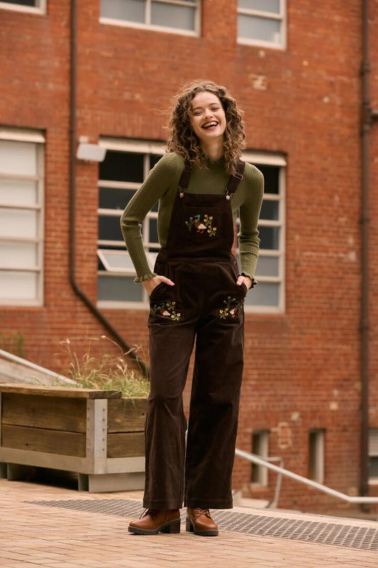 Image of a model wearing Pants. Productname: Sweet Ducks Embroidered Cord Overall in Chocolate colour by brand - Princess Highway