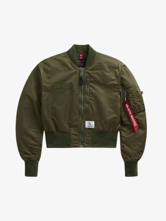 Image of a model wearing Outerwear. Productname: Alpha Industries L-2B Cropped Gen II Bomber Jacket in Green colour by brand - Alpha Industries
