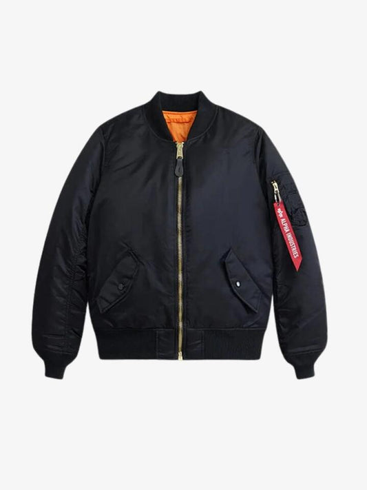 Image of a model wearing Outerwear. Productname: Alpha Industries Women's MA-1 Bomber Jacket in Black colour by brand - Alpha Industries