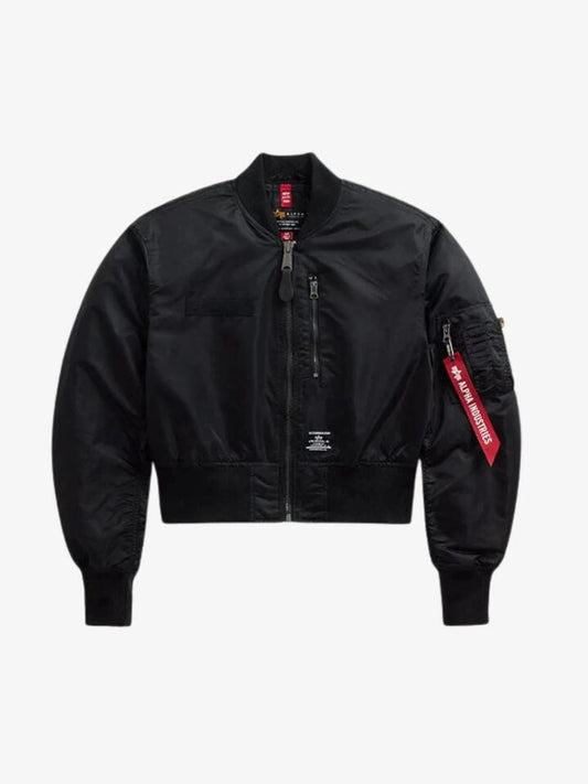 Image of a model wearing Outerwear. Productname: Alpha Industries L-2B Cropped Gen II Bomber Jacket in Black colour by brand - Alpha Industries