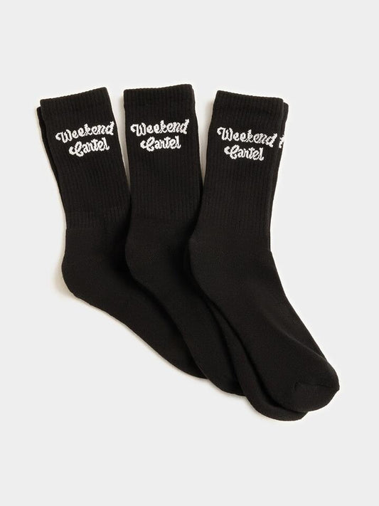 Image of Socks. Productname: Weekend Cartel 3 Pairs of Script Logo Crew Socks ONE SIZE Black in Black colour by brand - Weekend Cartel