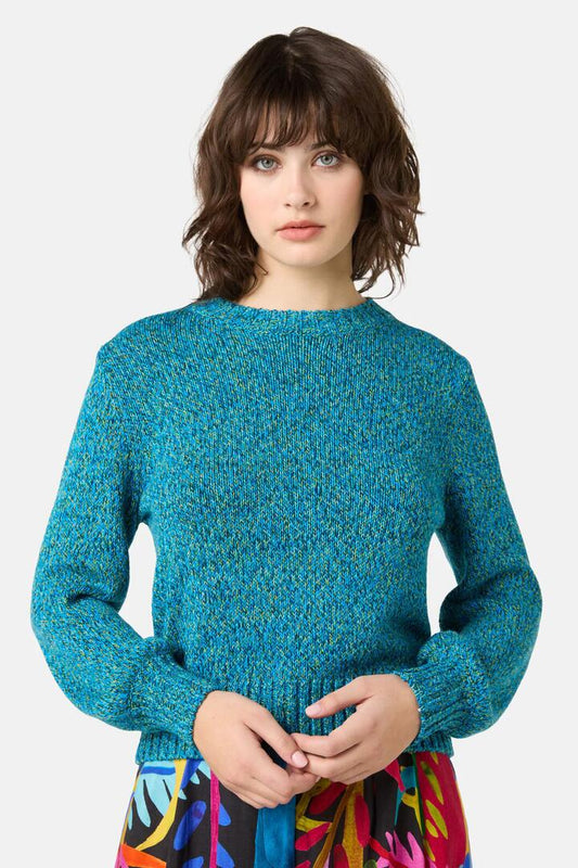 Image of a model wearing Outerwear. Product name - Romi Textured Jumper in Blue colour by brand - Gorman
