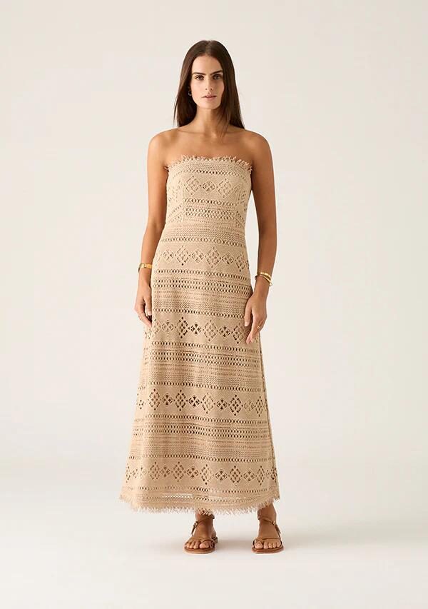 Image of Dresses. Productname: Daniela Textured Midi Dress in Almond colour by brand - MOS The Label