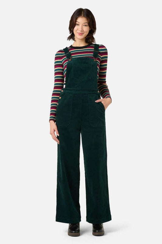 Image of a model wearing Pants. Productname: Casey Cord Overall in Teal colour by brand - Princess Highway