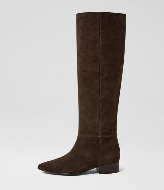 Image of Boots. Product name - Sabasti Dark Choc Black Suede Knee High Boots in Dk Choc-Black Heel colour by brand - MOLLINI