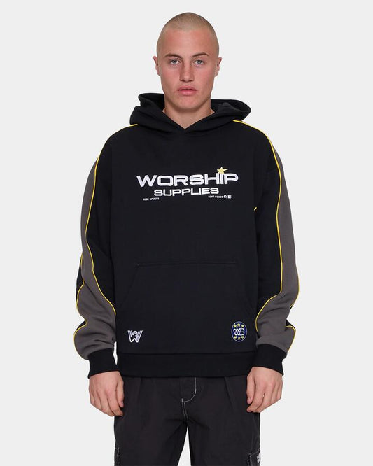 Image of a model wearing Outerwear. Product name - Worship Mens Laser Panel Pullover Hoodie Black in Black colour by brand - Worship