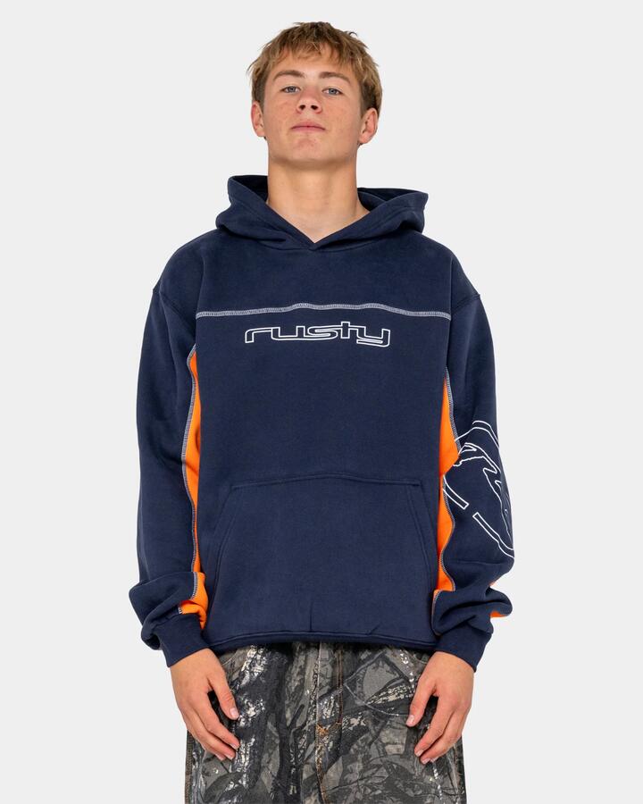 Image of a model wearing Outerwear. Product name - Rusty Mens Titan Pullover Hoodie Navy Blue in Navy Blue colour by brand - Rusty