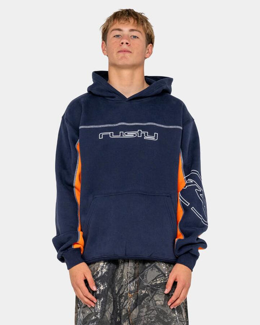 Image of a model wearing Outerwear. Product name - Rusty Mens Titan Pullover Hoodie Navy Blue in Navy Blue colour by brand - Rusty