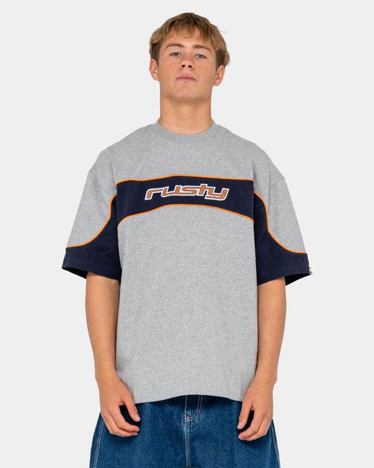 Image of a model wearing Tops. Product name - Rusty Mens Kinetic Short Sleeve Heavy T-Shirt Grey Marle in Grey Marle colour by brand - Rusty