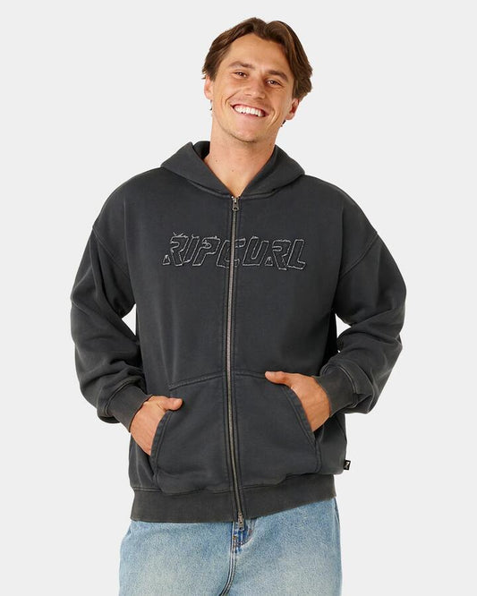 Image of a model wearing Outerwear. Product name - Rip Curl Mens Liquid Trips Zip Up Hoodie Washed Black in Washed Black colour by brand - Rip Curl