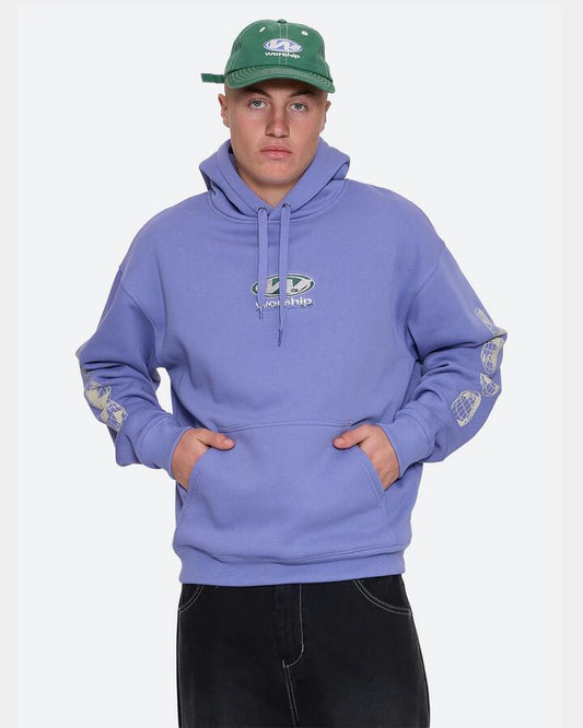 Image of a model wearing Outerwear. Product name - Worship Mens Sonic Pullover Hoodie Purple Haze in Purple Haze colour by brand - Worship