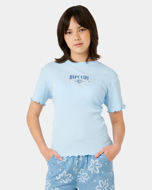 Image of T-Shirts. Product name - Rip Curl Girls 8-14 Tropical Dawn Rib T-Shirt Sky Blue in Sky Blue colour by brand - Rip Curl