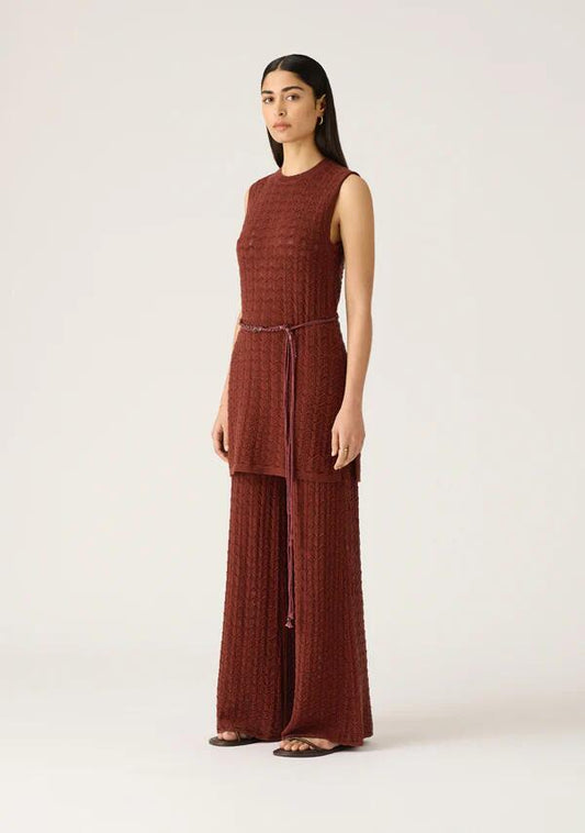 Image of a model wearing Pants. Productname: Selene Knit Pant in Wine colour by brand - MOS The Label