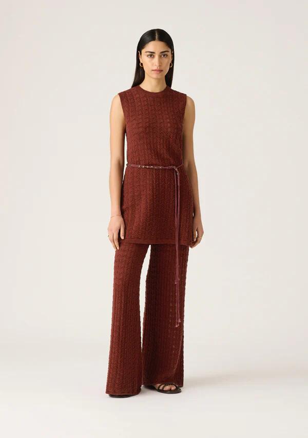 Image of a model wearing Tops. Productname: Selene Knit Top in Wine colour by brand - MOS The Label
