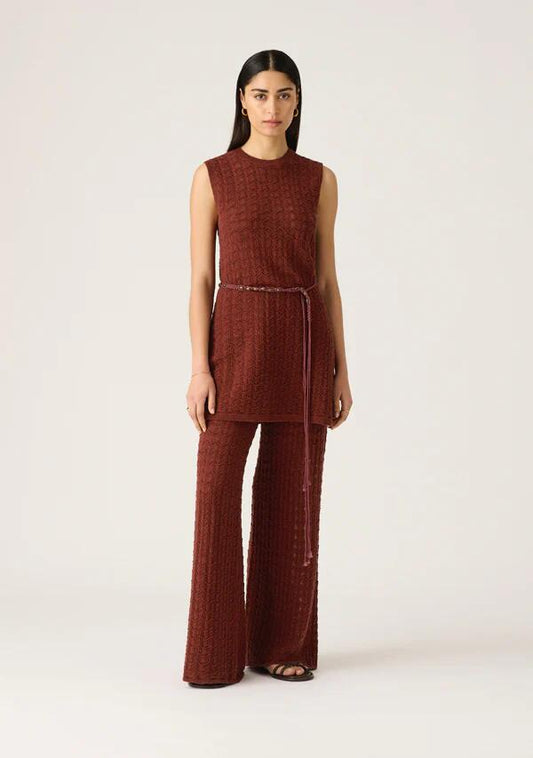 Image of a model wearing Tops. Productname: Selene Knit Top in Wine colour by brand - MOS The Label