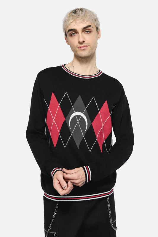 Image of a model wearing Tops. Productname: Argyle Moon Knit in Black colour by brand - Dangerfield
