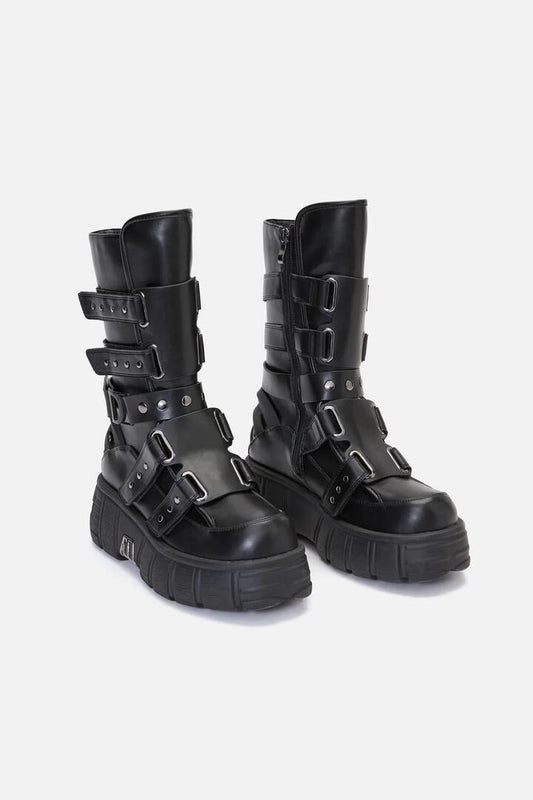 Image of Boots. Productname: Strap & Stud Moto Boot in Black colour by brand - Dangerfield