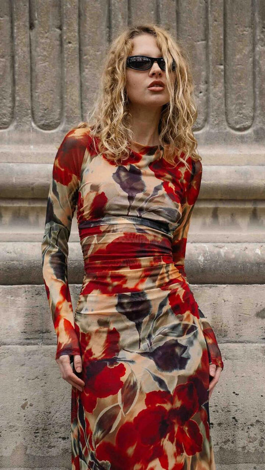 Image of Dresses. Product name - Red Floral Sheer Mesh Midi Dress in Floral colour by brand - MINKPINK