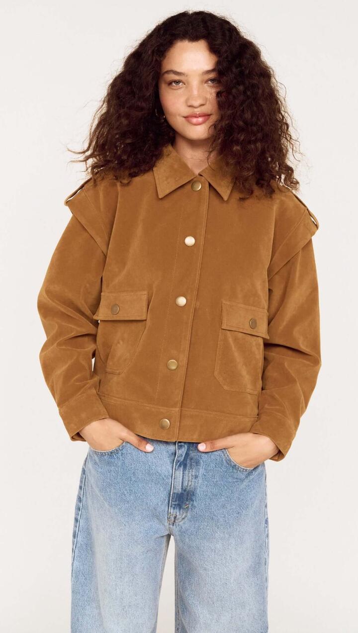 Image of Coats & Jackets. Product name - Relaxed Fit Faux Suede Jacket in Camel colour by brand - MINKPINK