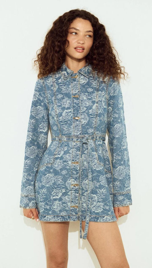 Image of Dresses. Product name - Button Through Floral Denim Dress with Tie Waist in Mid Indigo Wash colour by brand - MINKPINK