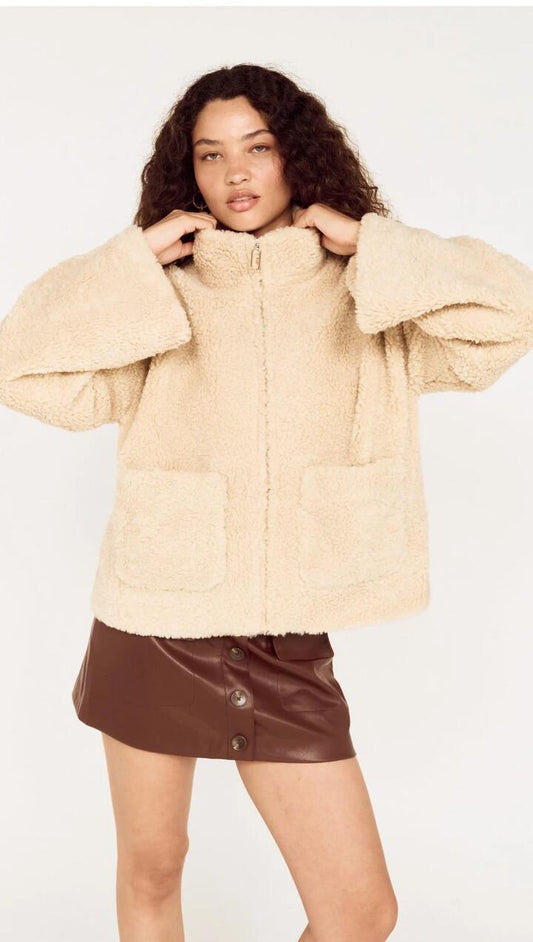 Image of Coats & Jackets. Product name - Beige Teddy Jacket with High Collar in Stone colour by brand - MINKPINK