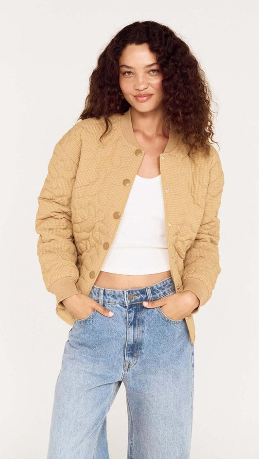 Image of Coats & Jackets. Product name - Beige Floral Quilted Puffer Jacket in Stone colour by brand - MINKPINK