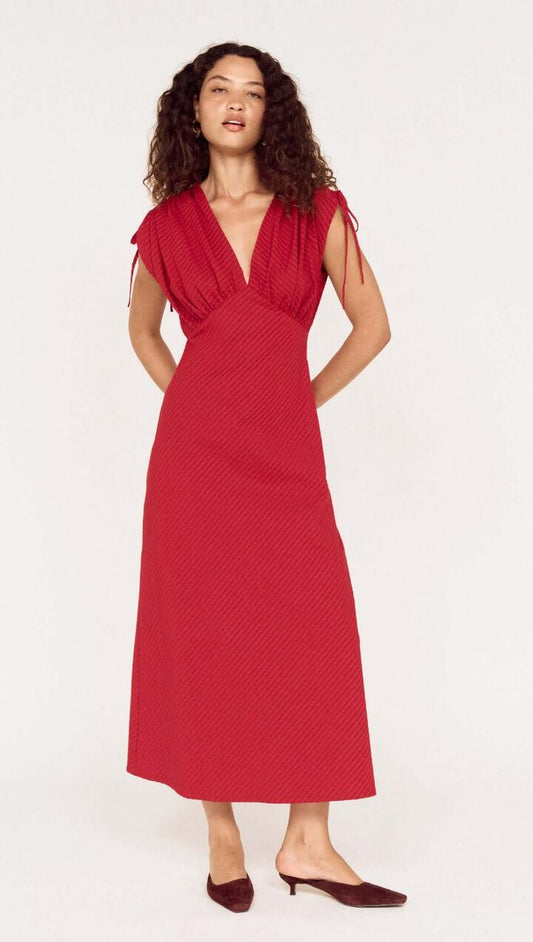 Image of Dresses. Product name - Red Stripe V-Neck Midi Dress with Gathered Shoulder in Berry colour by brand - MINKPINK