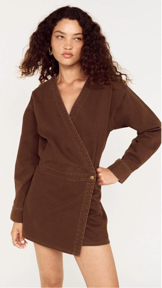 Image of Dresses. Product name - Brown Denim Wrap Mini Dress in Chocolate colour by brand - MINKPINK