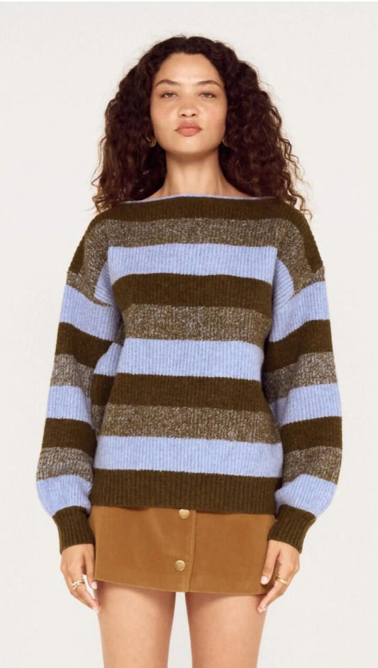 Image of a model wearing Outerwear. Product name - Blue Stripe Soft Boat Neck Jumper in Blue/Stone Stripe colour by brand - MINKPINK