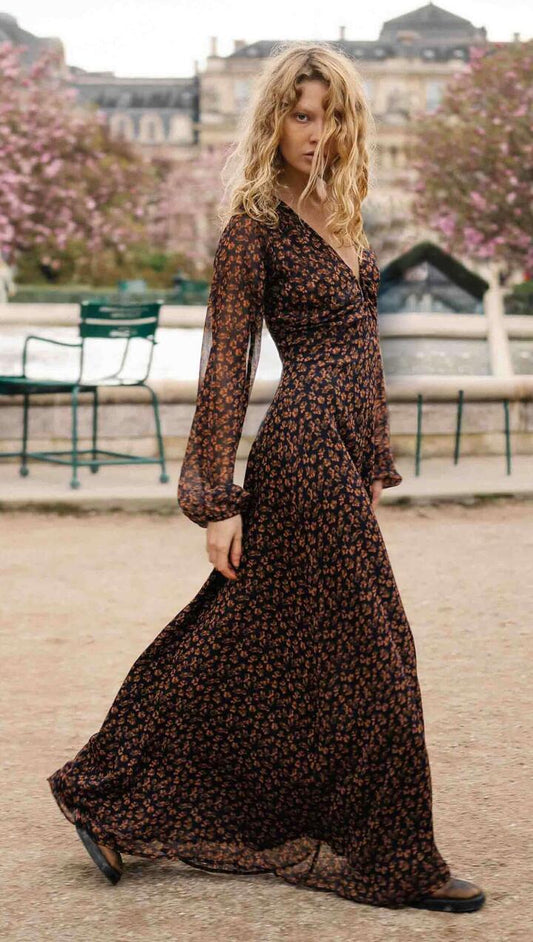 Image of Dresses. Product name - Brown Floral Drape Sleeve Maxi Dress in Animal (Black/Brown) colour by brand - MINKPINK