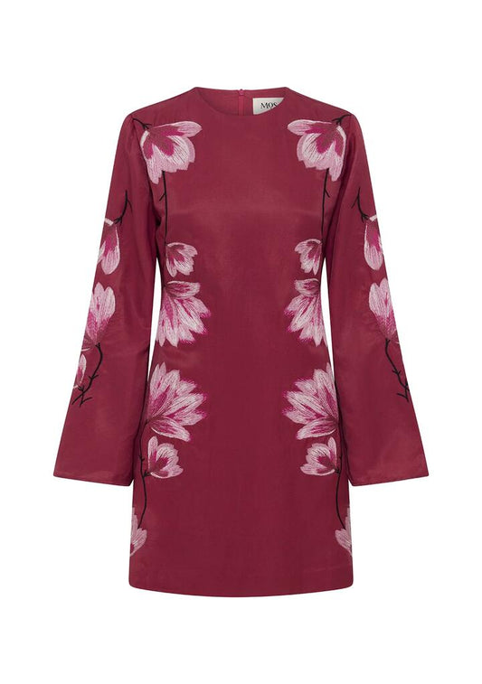 Image of Dresses. Productname: Lilou Embroidery Mini Dress | MOS The Label in Wine colour by brand - MOS The Label