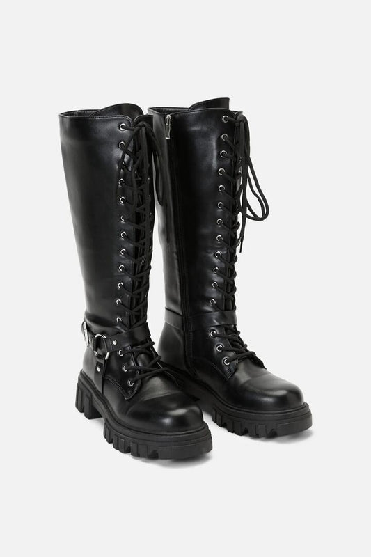 Image of Boots. Productname: Biker Detail Knee High Boot in Black colour by brand - Dangerfield