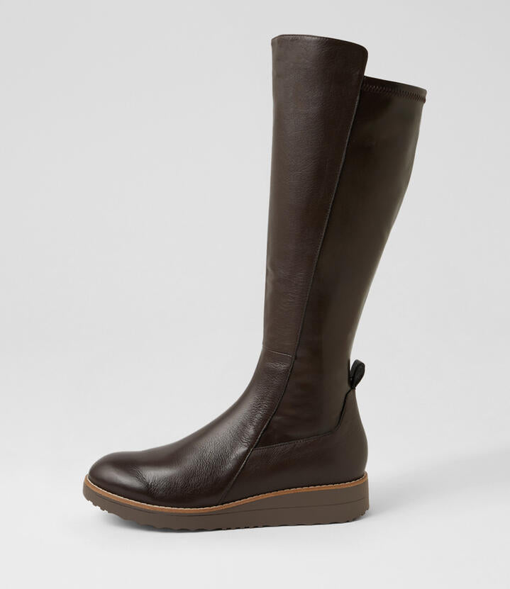 Image of Boots. Product name - Oleve Choc Leather Knee High Boots in Choc-Choc Sole colour by brand - MIDAS