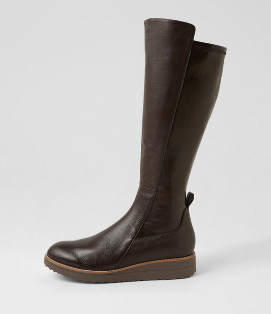 Image of Boots. Product name - Oleve Choc Leather Knee High Boots in Choc-Choc Sole colour by brand - MIDAS
