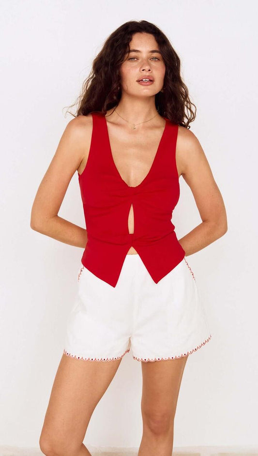 Image of a model wearing Tops. Product name - Red Twist Front Jersey Top in Red colour by brand - MINKPINK