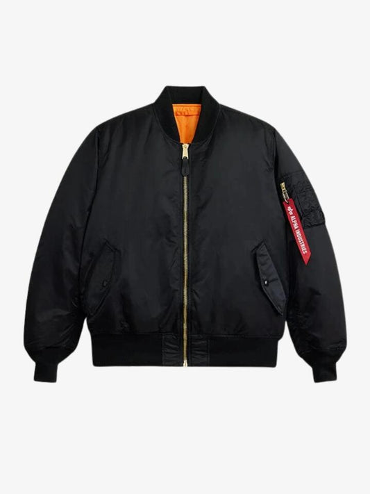 Image of a model wearing Outerwear. Productname: Alpha Industries Ma-1 Bomber Jacket in Black colour by brand - Alpha Industries