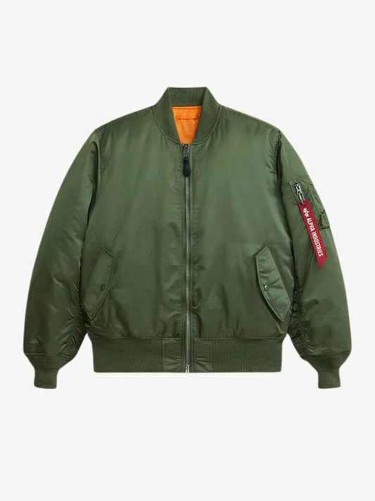 Image of a model wearing Outerwear. Productname: Alpha Industries Ma-1 Bomber Jacket in Sage colour by brand - Alpha Industries