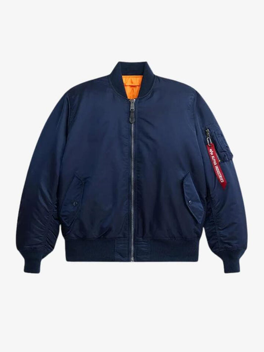 Image of a model wearing Outerwear. Productname: Alpha Industries Ma-1 Bomber Jacket in Replica Blue colour by brand - Alpha Industries