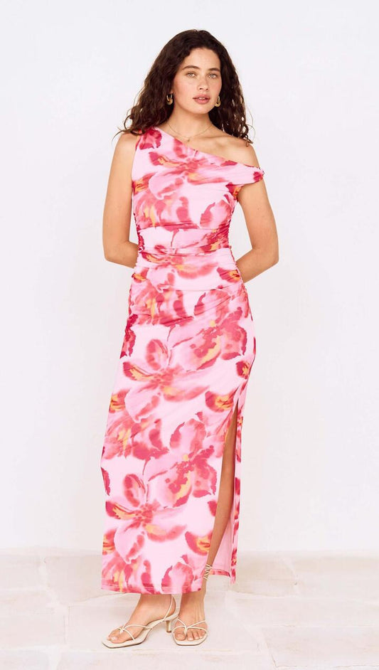 Image of Dresses. Product name - Pink Floral Off-Shoulder Mesh Midi Dress in Pink Floral colour by brand - MINKPINK