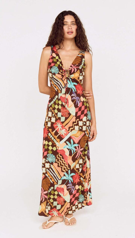 Image of Dresses. Product name - Vintage Coastal Print Keyhole Midi Dress in Cocoa Coast colour by brand - MINKPINK