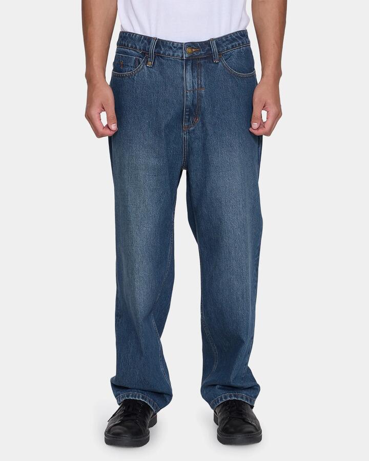 Image of Jeans. Product name - Thrills Mens Mid Slacker Relaxed Long Denim Jeans Teal Blue in Teal Blue colour by brand - Thrills