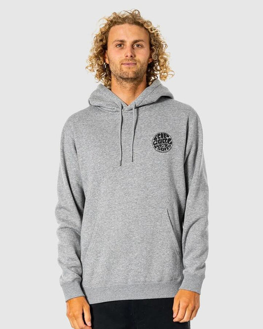 Image of a model wearing Outerwear. Product name - Rip Curl Mens Wetsuit Icon Pullover Hoodie Grey Marle in Grey Marle colour by brand - Rip Curl
