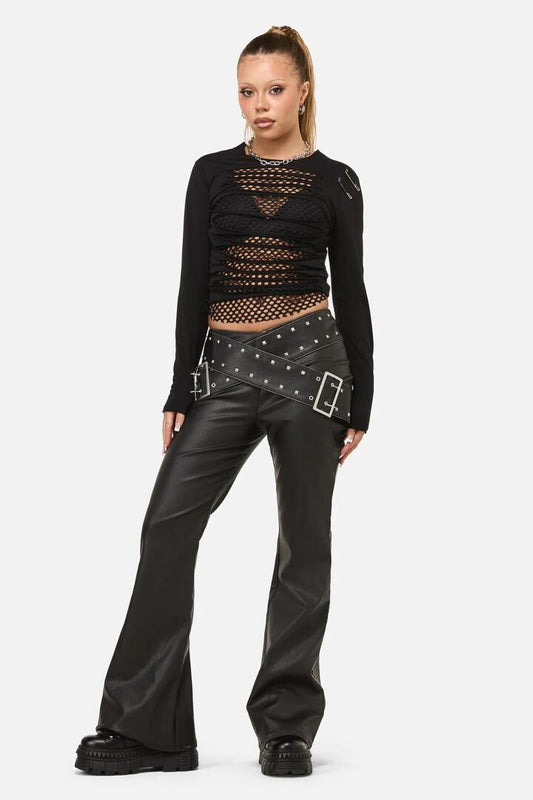 Image of a model wearing Pants. Productname: Sleaze Punk PU Pant in Black colour by brand - Dangerfield