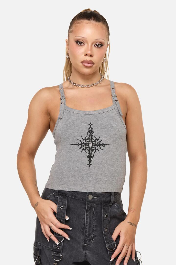 Image of a model wearing Tops. Productname: Cyberspace Tank in Grey colour by brand - Dangerfield