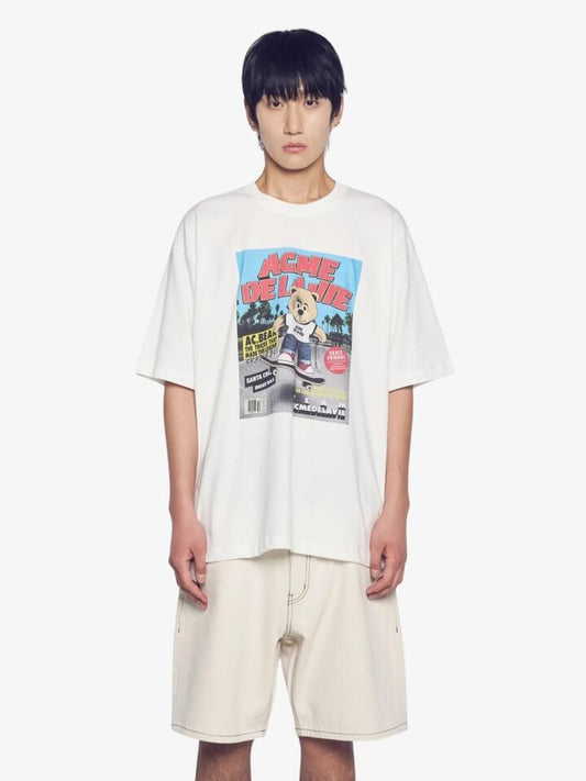 Image of a model wearing Tops. Productname: ADLV Magazine Ac Bear Short Sleeve T-Shirt in Cream colour by brand - ADLV