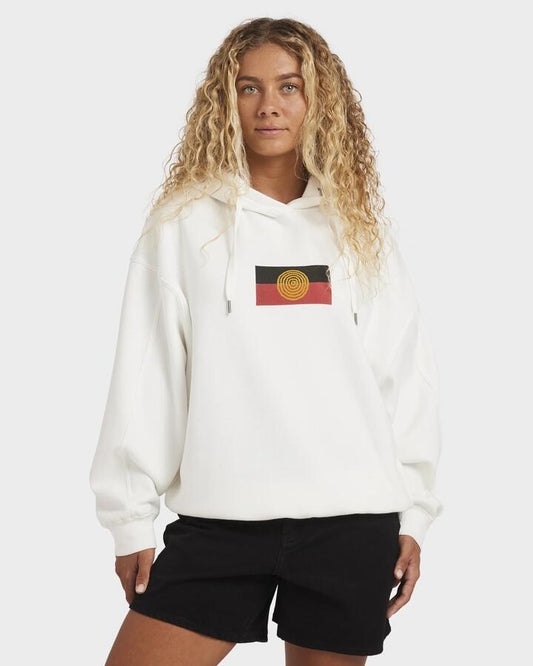 Image of a model wearing Outerwear. Product name - Billabong Womens Otis Flag Pullover Hoodie Salt Crystal in Salt Crystal colour by brand - Billabong
