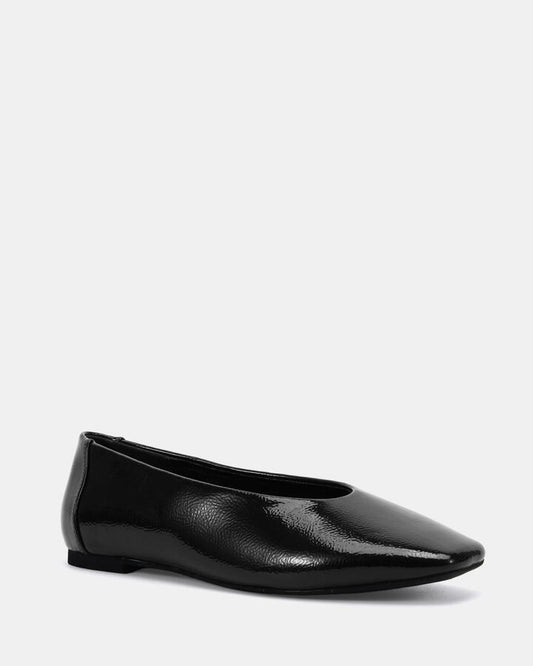 Image of Flats. Product name - Cheddar Black Crinkle Patent Vegan Flats in Black Crinkle Patent colour by brand - Novo