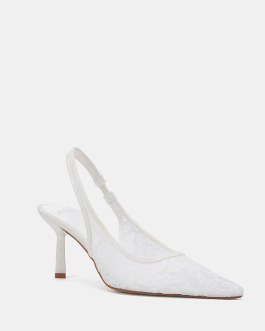 Image of Heels. Product name - Iraya White Lace Vegan Heels in White Lace colour by brand - Novo