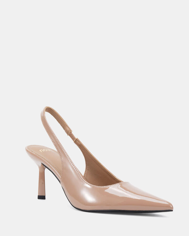 Image of Heels. Product name - Iraya Buff Patent Vegan Heels in Beige colour by brand - Novo